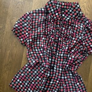Vintage Y2K Whimsygoth Glam Twee East 5th Polka Dot Ruffle Button Down Blouse